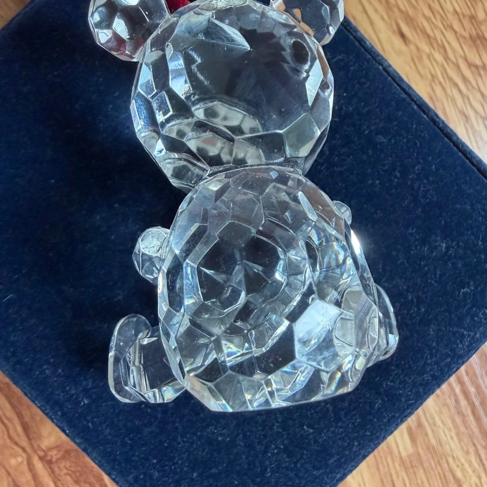Faceted Lead Crystal Teddy Bear Ornament with Red Ribbon and Blue Velvet Box
